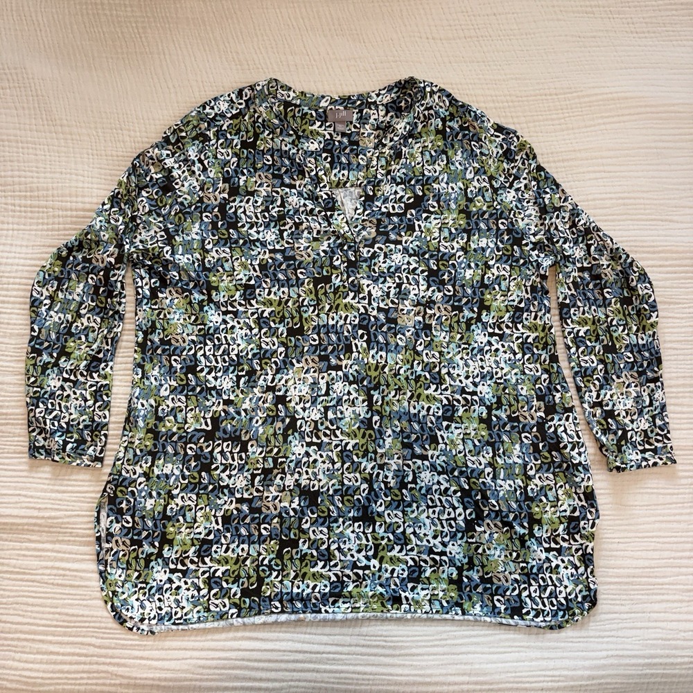 J. Jill Blouse Women's Sz XL Green Rayon Stretch Long Sleeve Top Green Geometric